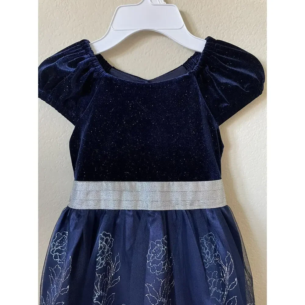 Jona Michelle Blue Silver Sparkle Cap Sleeve Pleated Lined Girls' Dress Size 7